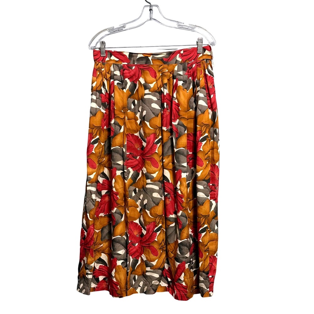 Rena Rowan for Saville Floral Midi Skirt Red Mustard Pleated Pockets Vintage 12